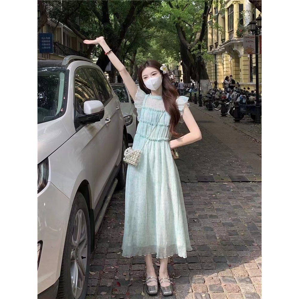 Đầm midi Sát Nách Nhấn Eo Họa Tiết Hoa Thời Trang Hàn Quốc Cho Nữ