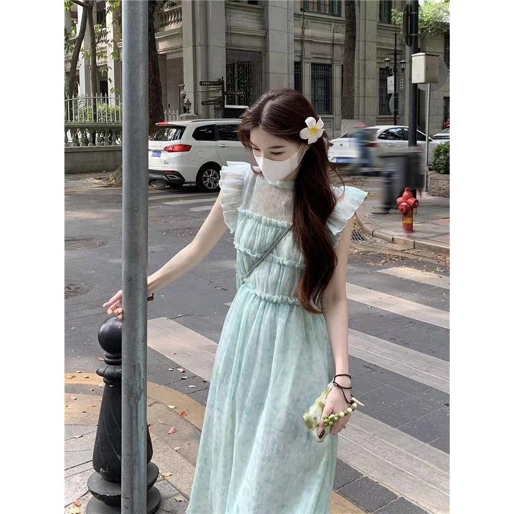 Đầm midi Sát Nách Nhấn Eo Họa Tiết Hoa Thời Trang Hàn Quốc Cho Nữ