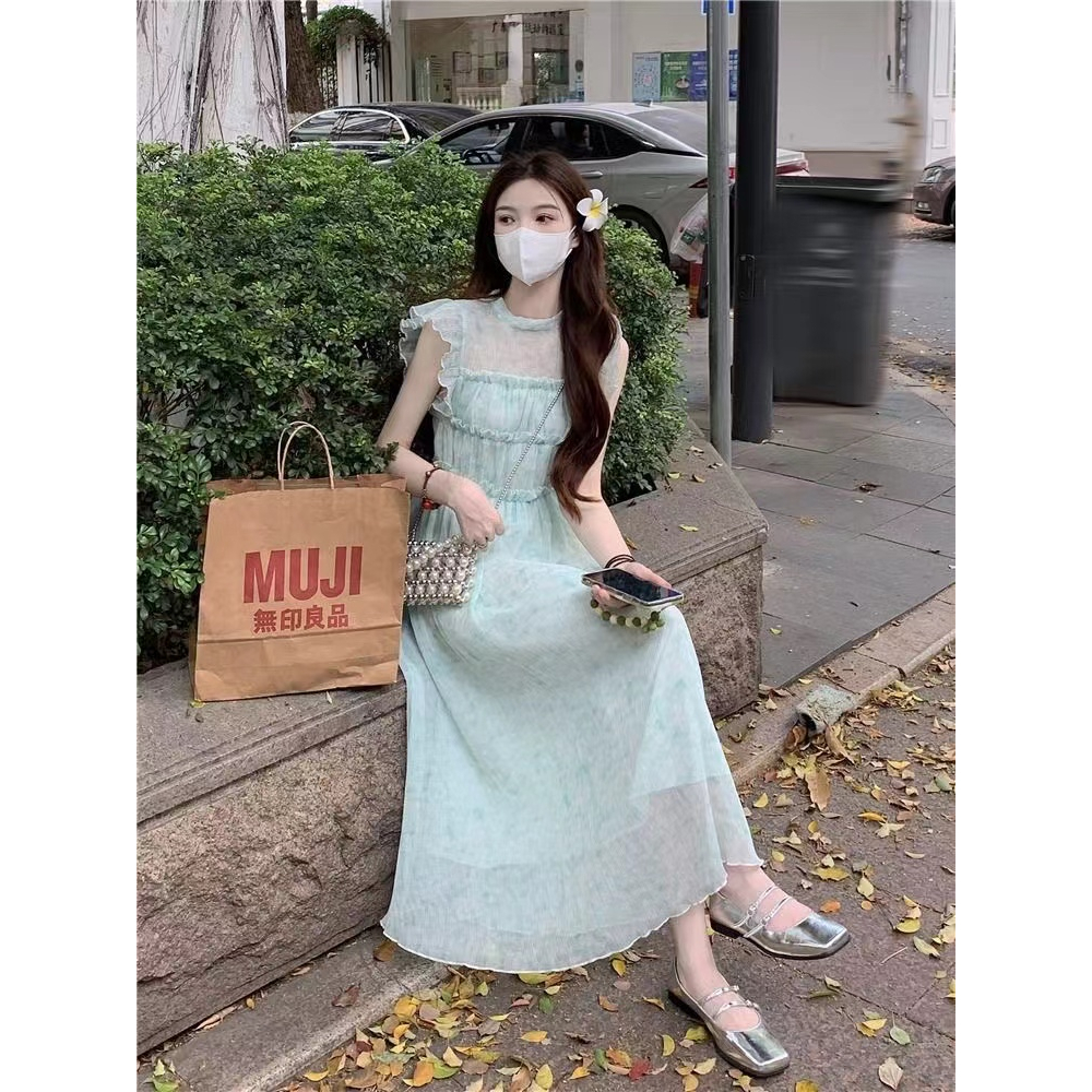Đầm midi Sát Nách Nhấn Eo Họa Tiết Hoa Thời Trang Hàn Quốc Cho Nữ