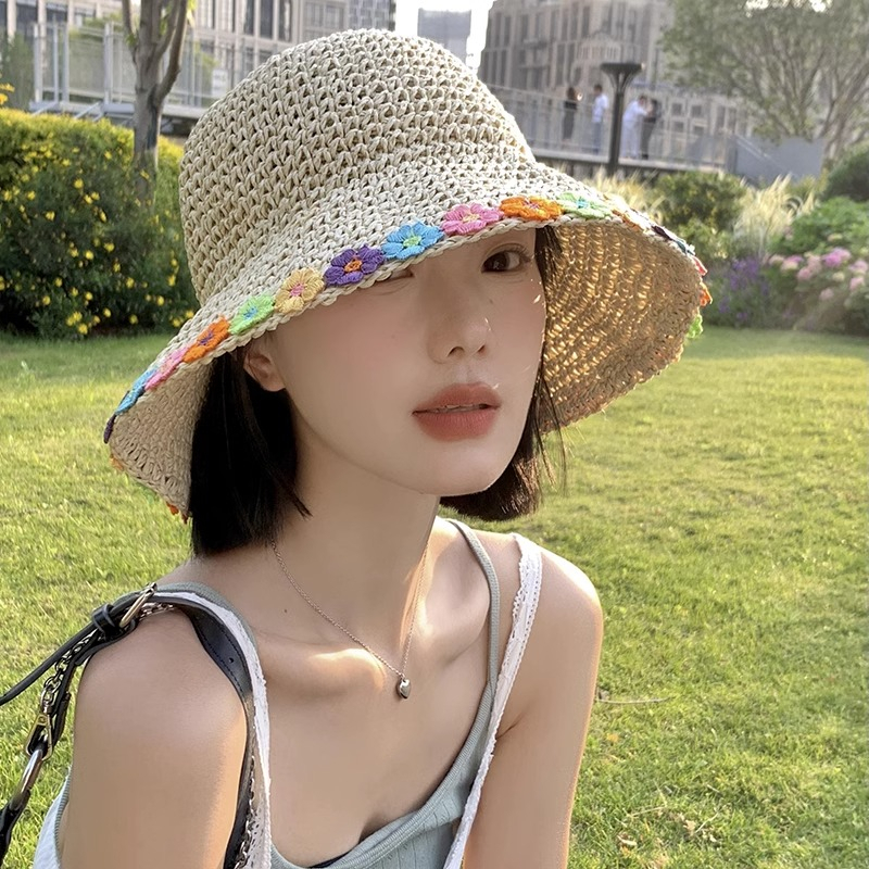 Mũ Cói Rộng Vành Đính Hoa Thời Trang Mùa Hè Hàn Quốc Cho Nữ