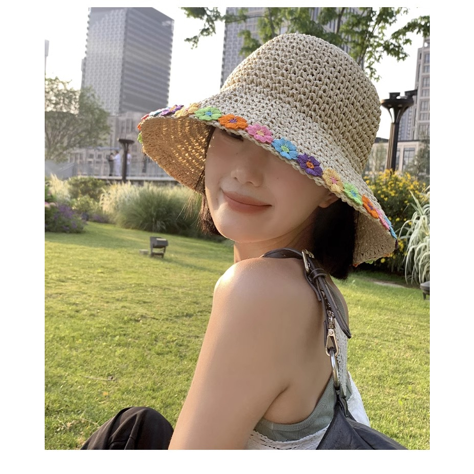 Mũ Cói Rộng Vành Đính Hoa Thời Trang Mùa Hè Hàn Quốc Cho Nữ