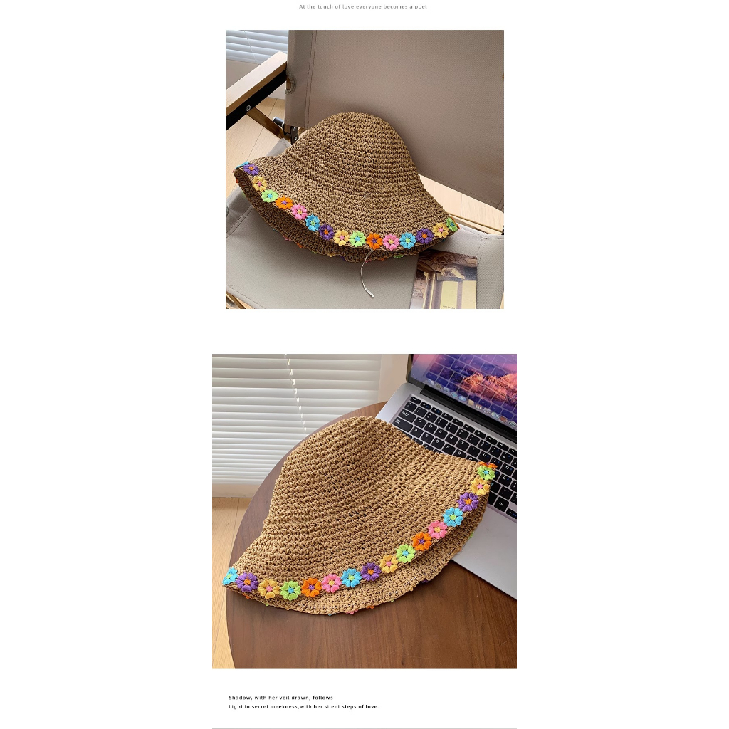 Mũ Cói Rộng Vành Đính Hoa Thời Trang Mùa Hè Hàn Quốc Cho Nữ