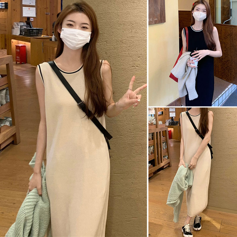 Đầm Dài Bà Bầu Phiên Bản Hàn Quốc Rời Cổ Tròn Màu Sắc Tương Phản Thường Ngày Dệt Kim Áo Vest Đầm Over-the-Knee Bà Bầu Đầm Không Tay Đầm Bà Bầu Đầm Mùa Hè Kn