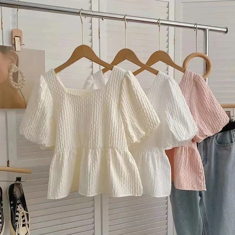 Áo Kiểu Cổ Vuông Tay Phồng Ngắn Dáng Rộng Thời Trang Hàn Quốc Xinh Xắn Cho Nữ