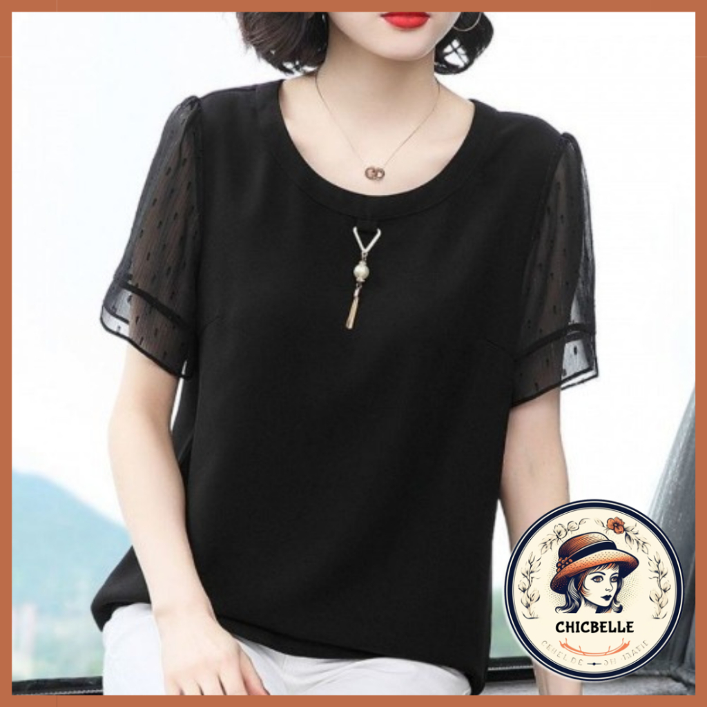 Áo Kiểu Trung Niên Nữ Bigsize Áo Sơ Mi Voan Nữ Trung Niên Cho Mẹ Đen Form Rộng Tay Ngắn Mùa Hè Phong Cách Hàn Quốc Thời Trang Trẻ Trung Sang Trọng Đẹp Cao Cấp Chicbelle