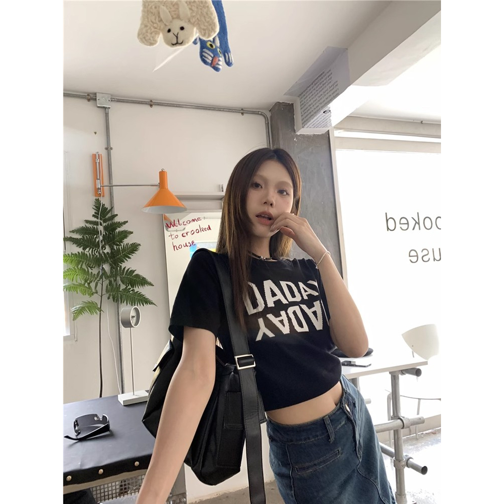 LANJIEXI Áo Thun Dệt Kim Tay Ngắn Dáng Ôm Màu Trắng Thời Trang Cho Bạn Gái