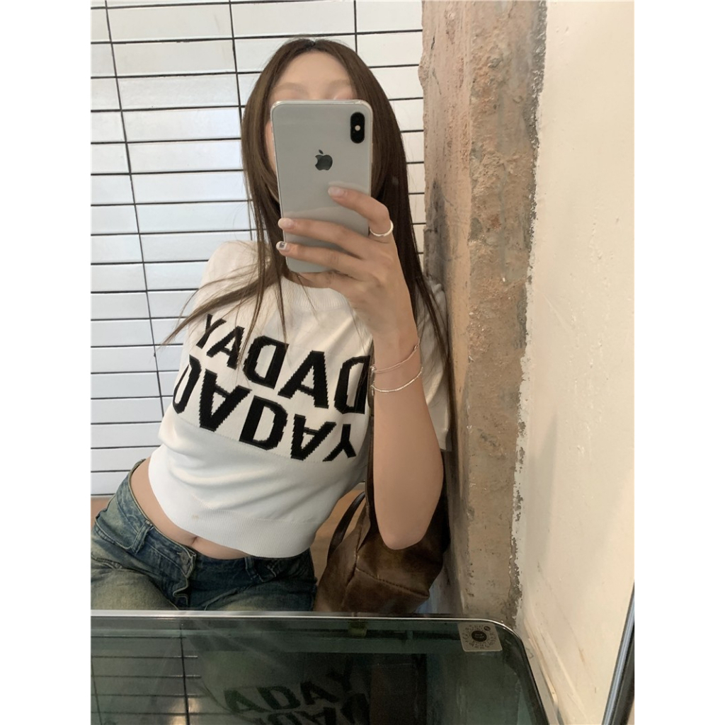 LANJIEXI Áo Thun Dệt Kim Tay Ngắn Dáng Ôm Màu Trắng Thời Trang Cho Bạn Gái