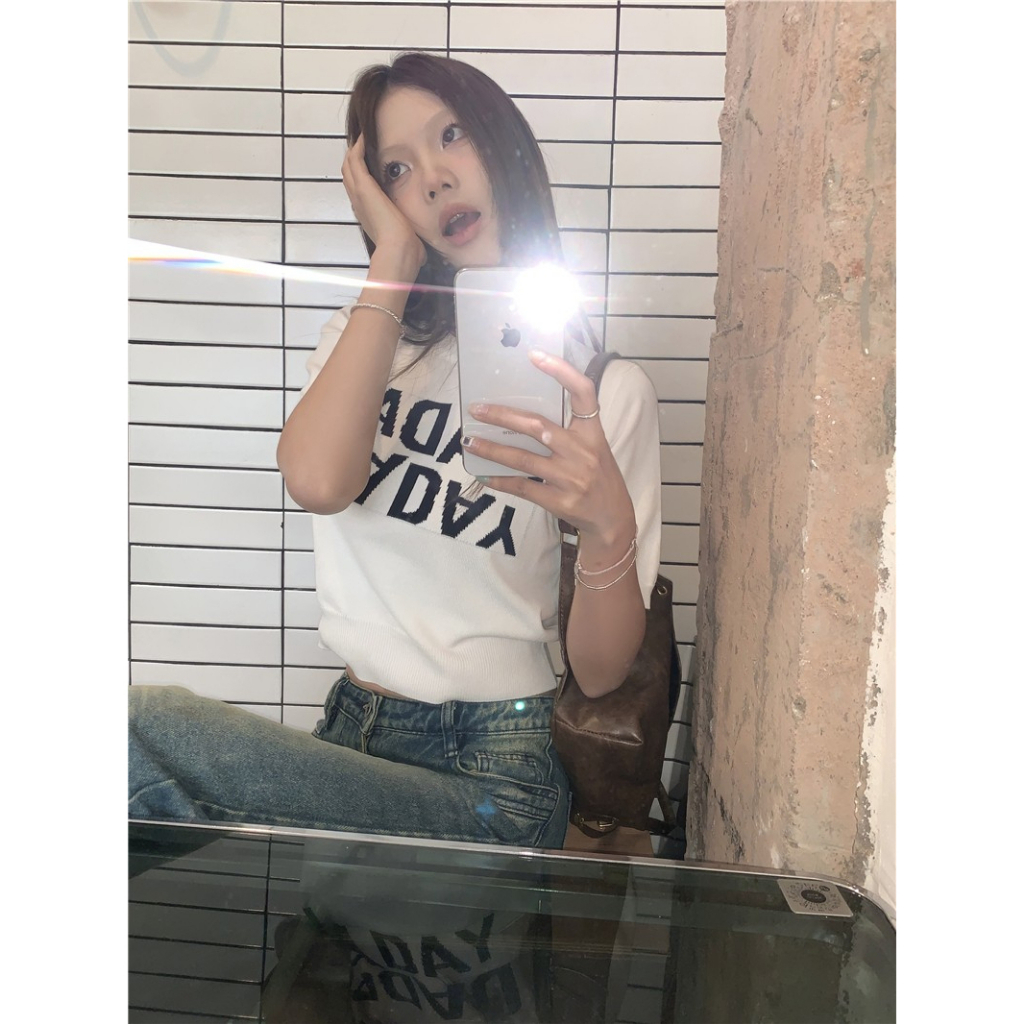 LANJIEXI Áo Thun Dệt Kim Tay Ngắn Dáng Ôm Màu Trắng Thời Trang Cho Bạn Gái