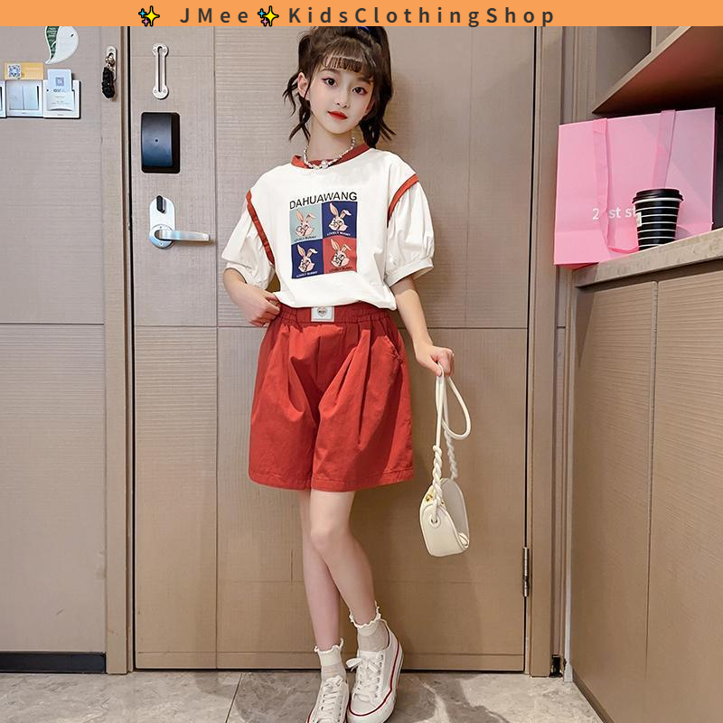 Set Áo Thun Tay Ngắn Và Chân Váy Họa Tiết Hoạt Hình Phong Cách Hàn Quốc Thời Trang Mùa Hè Cho Bé Gái 3-14 Tuổi