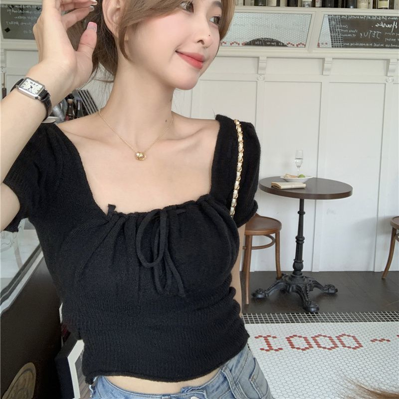 Áo Dệt Kim Tay Ngắn Cổ Vuông Phối Dây Rút Phong Cách Hàn Quốc Thời Trang Cho Nữ