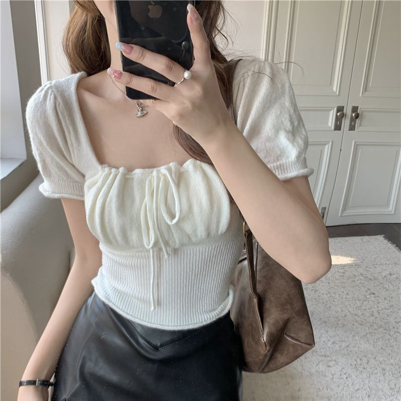 Áo Dệt Kim Tay Ngắn Cổ Vuông Phối Dây Rút Phong Cách Hàn Quốc Thời Trang Cho Nữ