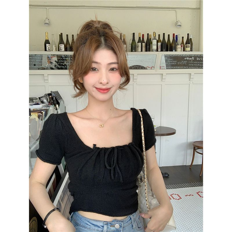 Áo Dệt Kim Tay Ngắn Cổ Vuông Phối Dây Rút Phong Cách Hàn Quốc Thời Trang Cho Nữ