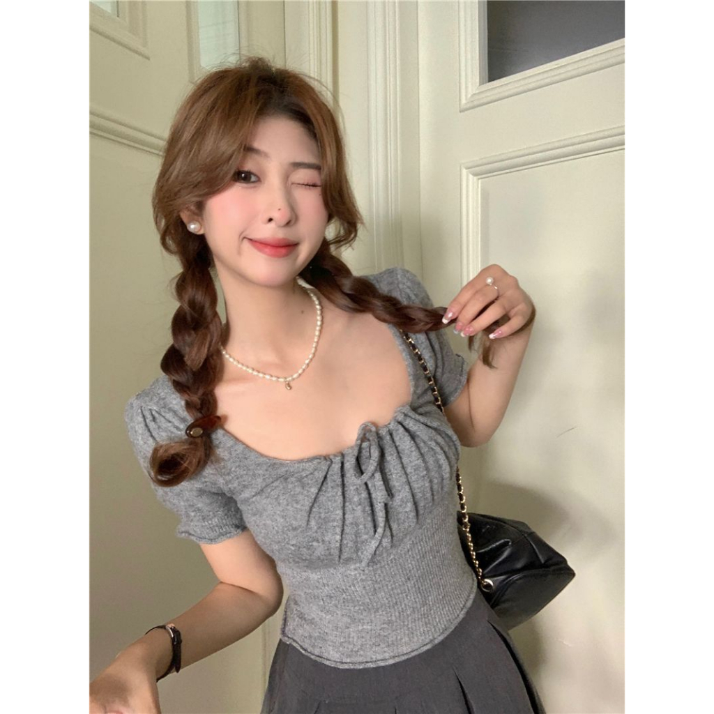 Áo Dệt Kim Tay Ngắn Cổ Vuông Phối Dây Rút Phong Cách Hàn Quốc Thời Trang Cho Nữ