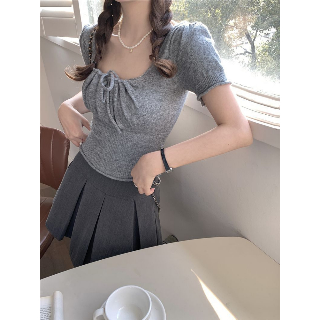 Áo Dệt Kim Tay Ngắn Cổ Vuông Phối Dây Rút Phong Cách Hàn Quốc Thời Trang Cho Nữ