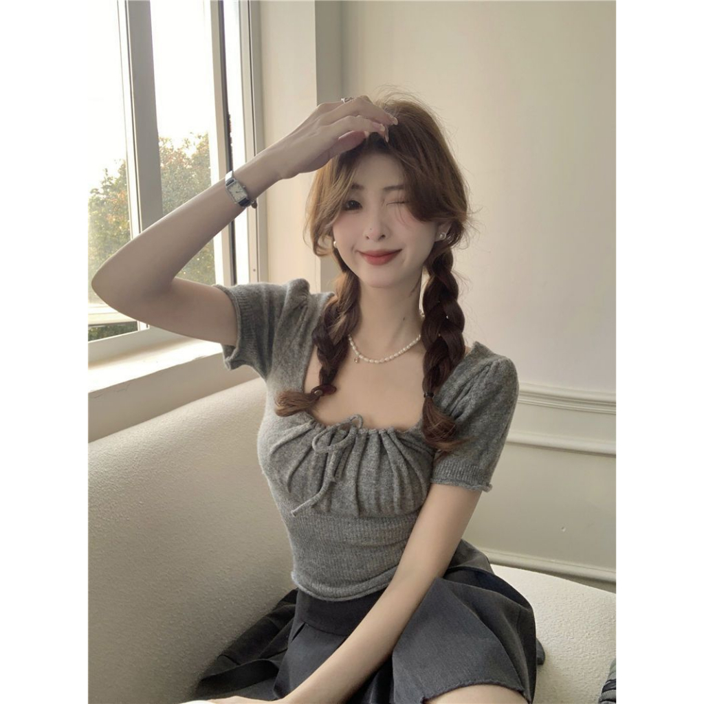 Áo Dệt Kim Tay Ngắn Cổ Vuông Phối Dây Rút Phong Cách Hàn Quốc Thời Trang Cho Nữ