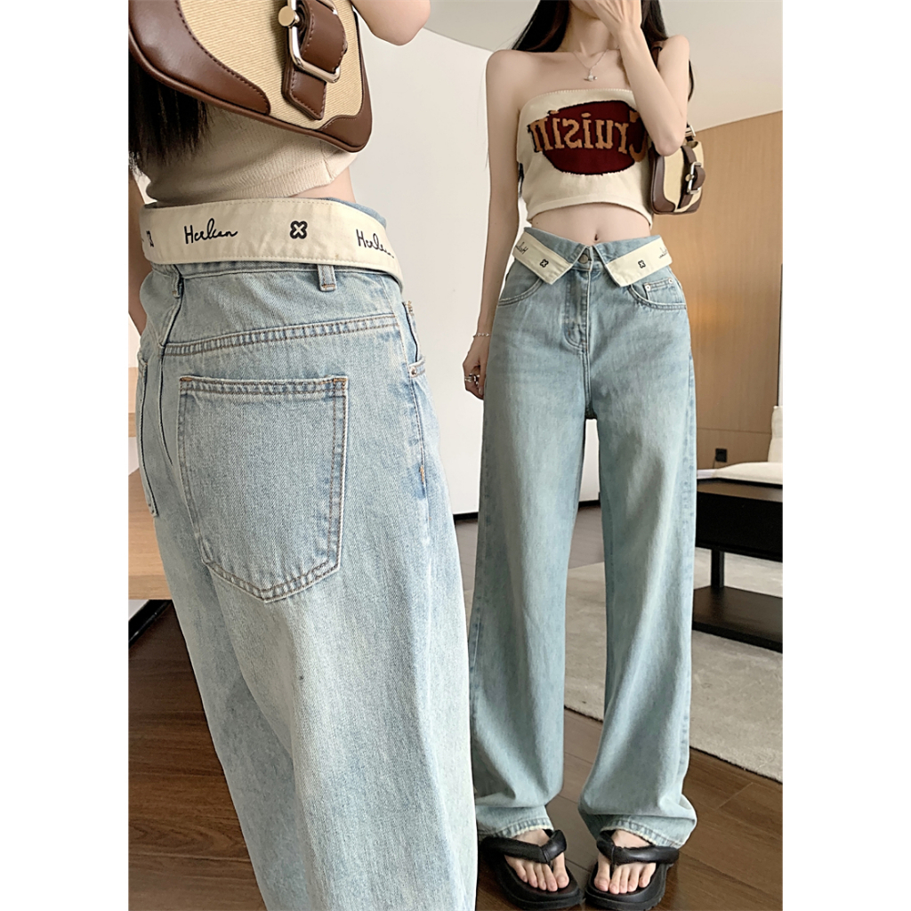 QADCOL Quần jeans Dài Lưng Cao Ống Rộng Thời Trang Dành Cho Nữ quần jean retro