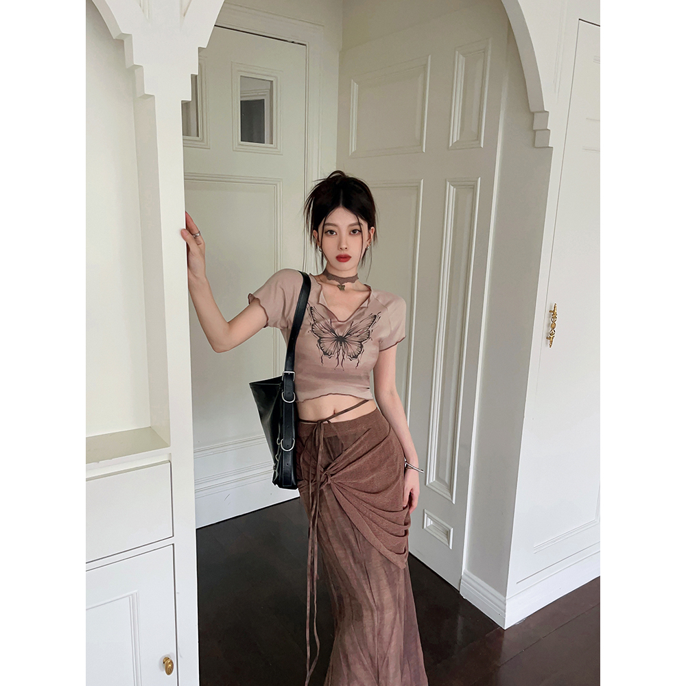 Lalisas Set Áo Thun Dệt Kim Ngắn Tay Co Giãn Nhuộm Màu Hình Bướm + Chân Váy Lanh Dài Thời Trang Retro Cho Nữ (Đặt Hàng separately)