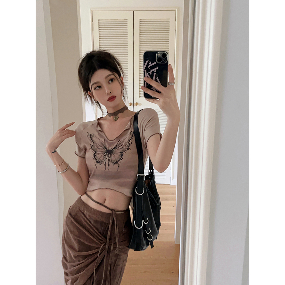 Lalisas Set Áo Thun Dệt Kim Ngắn Tay Co Giãn Nhuộm Màu Hình Bướm + Chân Váy Lanh Dài Thời Trang Retro Cho Nữ (Đặt Hàng separately)