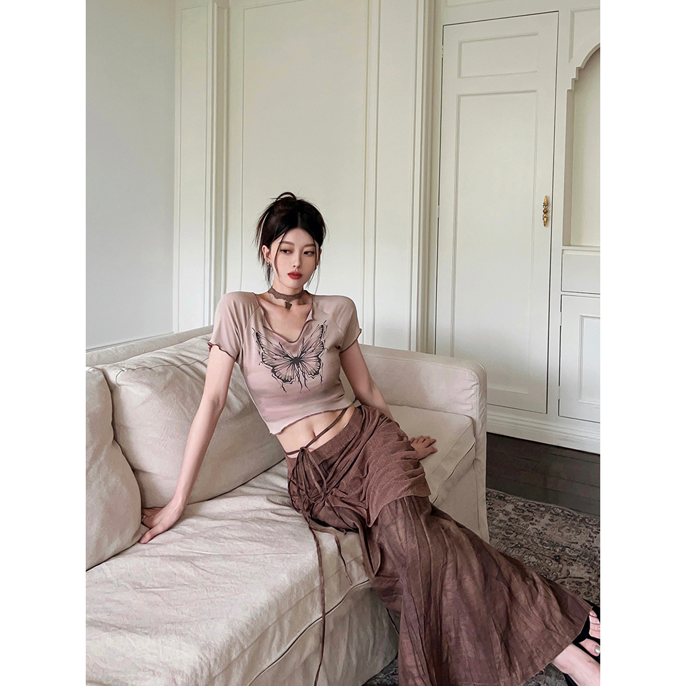 Lalisas Set Áo Thun Dệt Kim Ngắn Tay Co Giãn Nhuộm Màu Hình Bướm + Chân Váy Lanh Dài Thời Trang Retro Cho Nữ (Đặt Hàng separately)