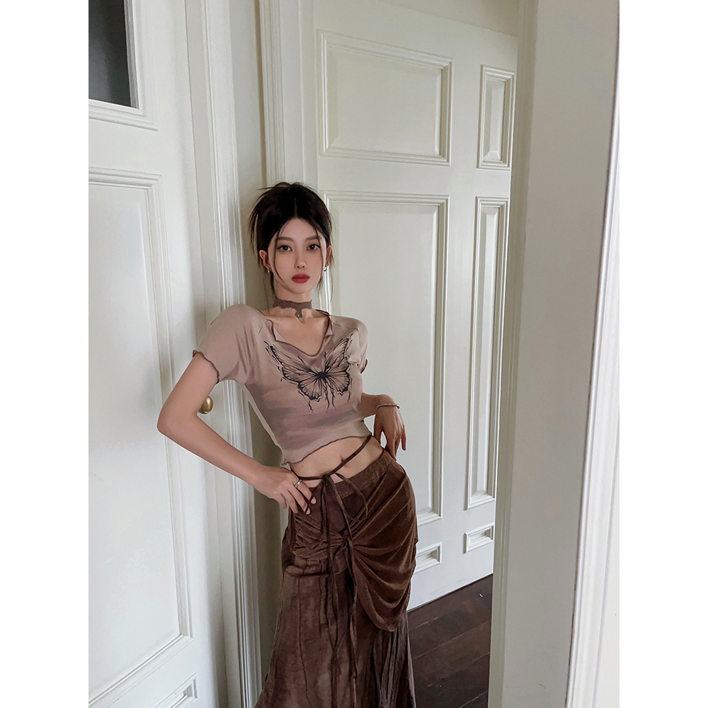 Lalisas Set Áo Thun Dệt Kim Ngắn Tay Co Giãn Nhuộm Màu Hình Bướm + Chân Váy Lanh Dài Thời Trang Retro Cho Nữ (Đặt Hàng separately)