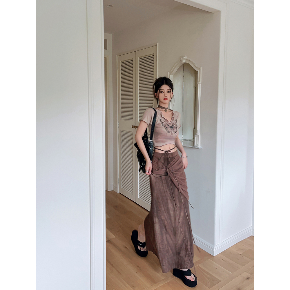 Lalisas Set Áo Thun Dệt Kim Ngắn Tay Co Giãn Nhuộm Màu Hình Bướm + Chân Váy Lanh Dài Thời Trang Retro Cho Nữ (Đặt Hàng separately)