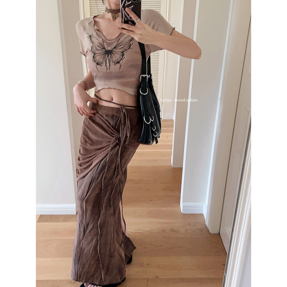 Lalisas Set Áo Thun Dệt Kim Ngắn Tay Co Giãn Nhuộm Màu Hình Bướm + Chân Váy Lanh Dài Thời Trang Retro Cho Nữ (Đặt Hàng separately)