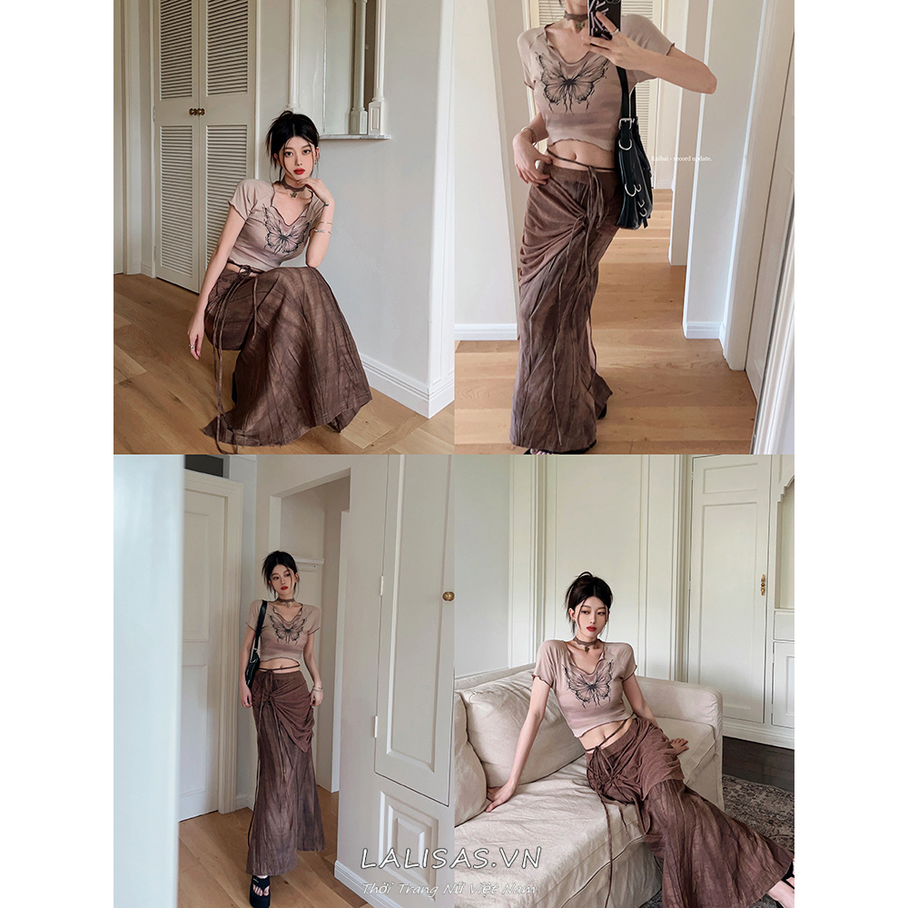 Lalisas Set Áo Thun Dệt Kim Ngắn Tay Co Giãn Nhuộm Màu Hình Bướm + Chân Váy Lanh Dài Thời Trang Retro Cho Nữ (Đặt Hàng separately)