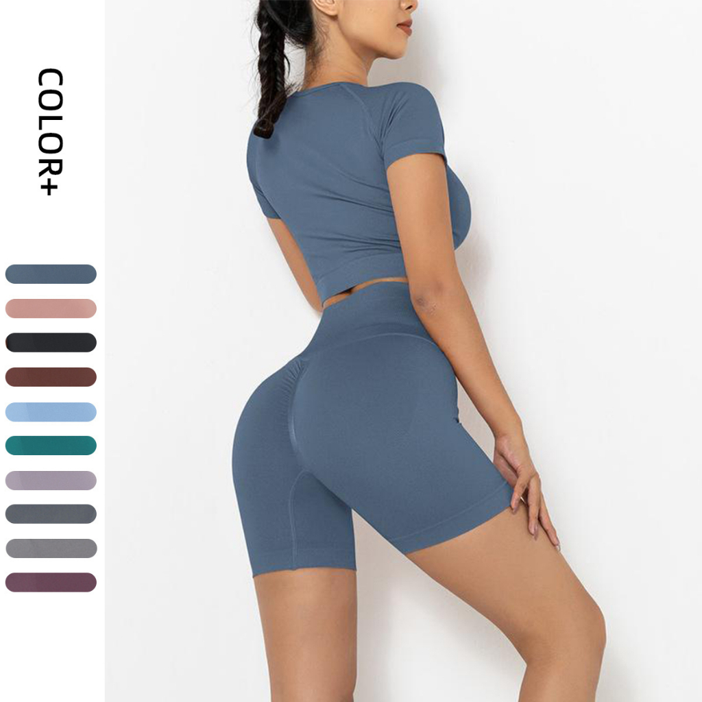 Bộ Áo Ngắn Tay + Quần Short Lưng Cao Co Giãn Thấm Hút Mồ Hôi Thời Trang Mùa Hè Cho Nữ