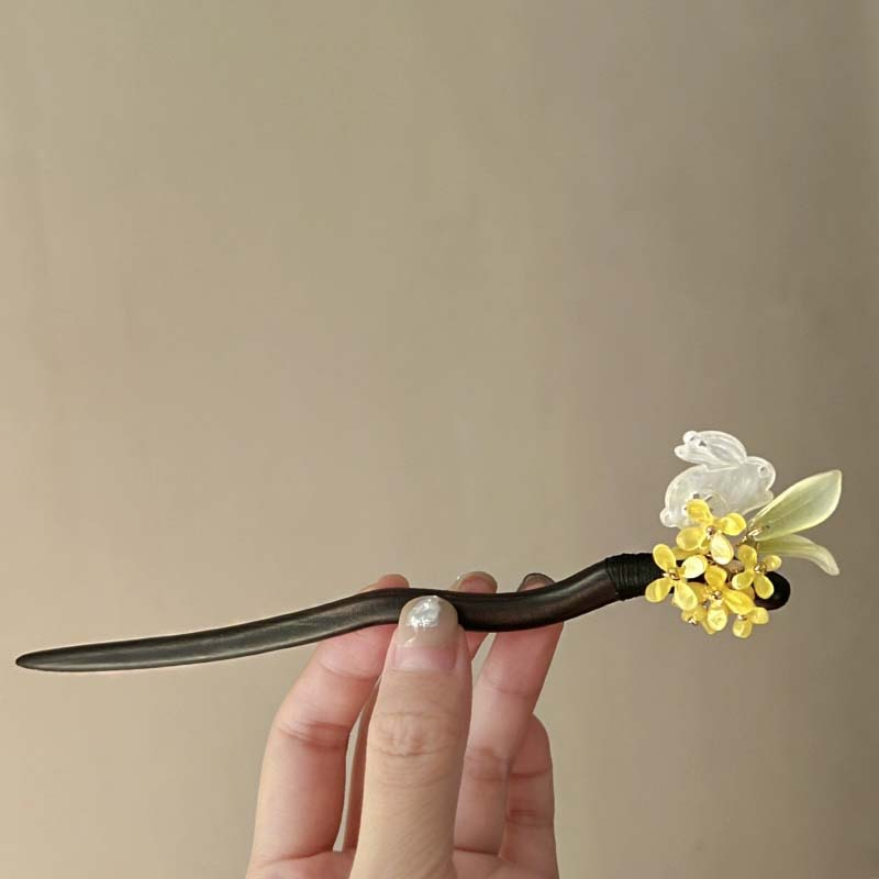 Kẹp Tóc Bằng Gỗ Đen Đính Đá Ngọc Bích Hình Thỏ Hoa Thời Trang Cao Cấp Cho Nữ