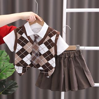 Set Áo Thun POLO Tay Ngắn Và Chân Váy Ngắn Họa Tiết Caro Dễ Thương Cho Bé Gái 1-7 Tuổi