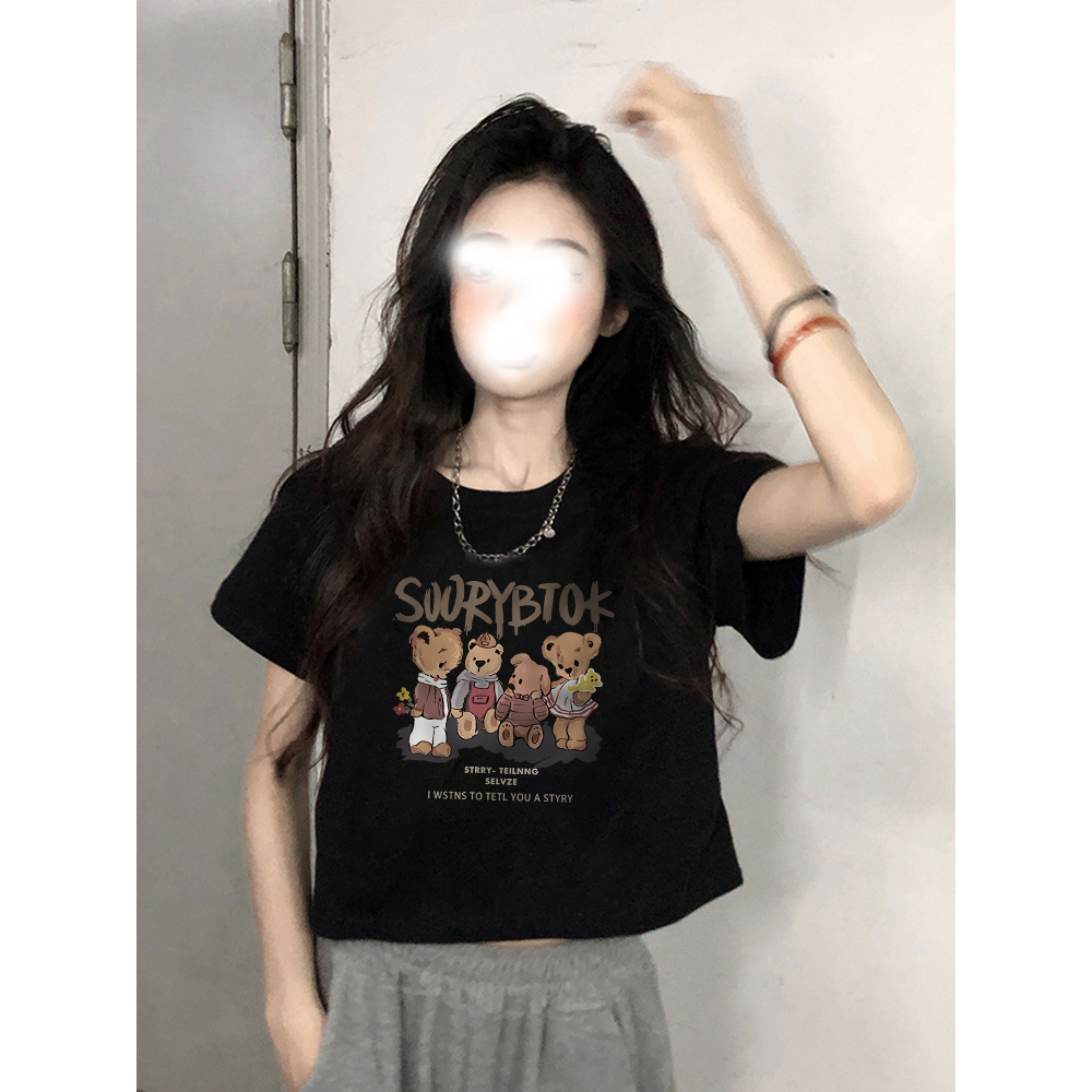 Áo Thun cotton Ngắn Tay Màu Đen In Họa Tiết Chú Gấu Dễ Thương Thời Trang Mùa Hè Cho Nữ y2k