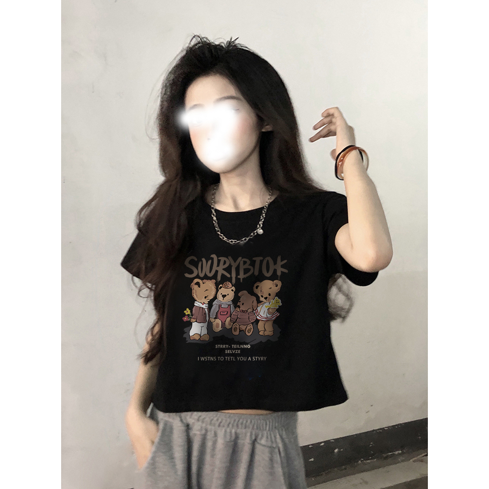 Áo Thun cotton Ngắn Tay Màu Đen In Họa Tiết Chú Gấu Dễ Thương Thời Trang Mùa Hè Cho Nữ y2k