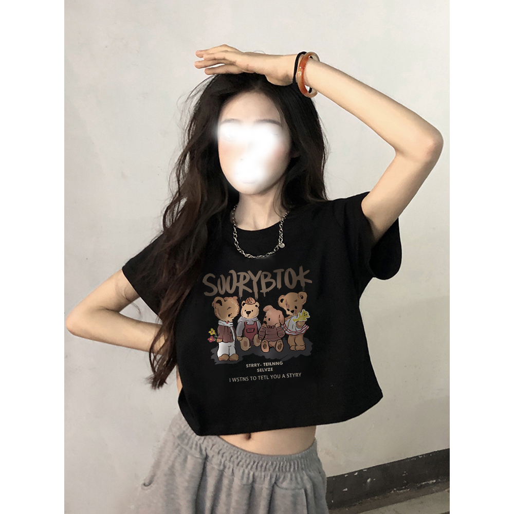 Áo Thun cotton Ngắn Tay Màu Đen In Họa Tiết Chú Gấu Dễ Thương Thời Trang Mùa Hè Cho Nữ y2k