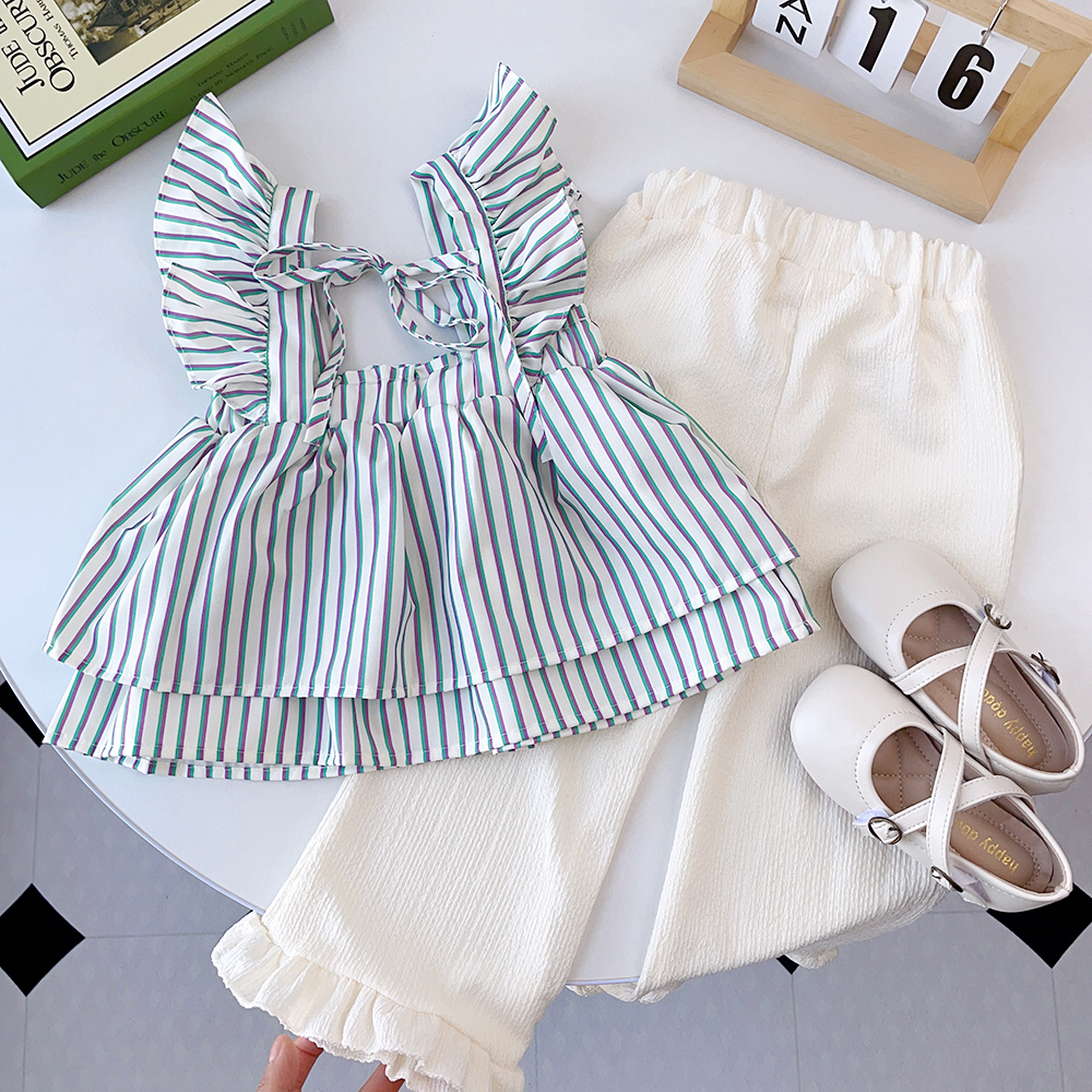 BEAR LEADER Set Áo Sơ Mi Kẻ Sọc Xanh Lá + Quần Dài Ống Loe Thời Trang Hàn Quốc Mới 2023 Cho Bé Gái