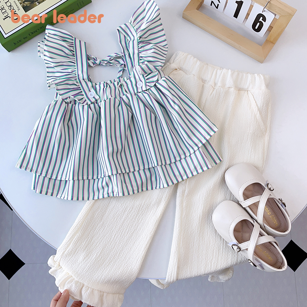 BEAR LEADER Set Áo Sơ Mi Kẻ Sọc Xanh Lá + Quần Dài Ống Loe Thời Trang Hàn Quốc Mới 2023 Cho Bé Gái