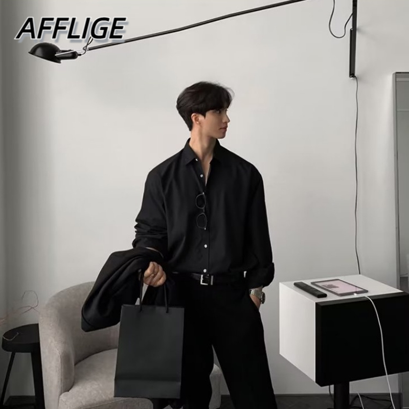 ✦AFFLIGA✦Áo Thun Tay Dài Dáng Rộng Màu Trơn Đơn Giản Trẻ Trung Hợp Thời Trang Cho Nam