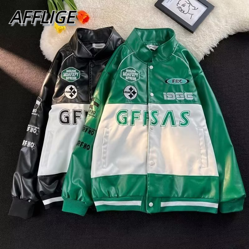 ✦ AFFLIGA ✦Áo Khoác Bóng Chày Da Pu Dáng Rộng Phối Màu Tương Phản Kiểu Retro Mỹ Cá Tính Cho Nam