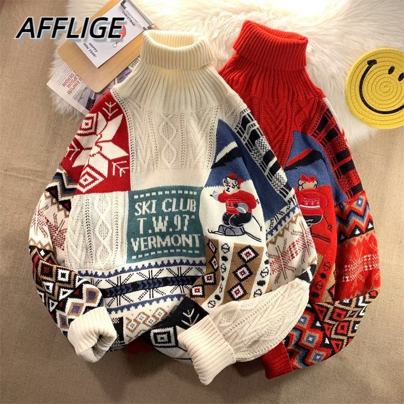 ✦ AFFLIGA ✦Áo Sweater Cổ Cao In Họa Tiết Hoạt Hình Giáng Sinh Thời Trang Mùa Đông 3 Màu Lựa Chọn Cho Nam