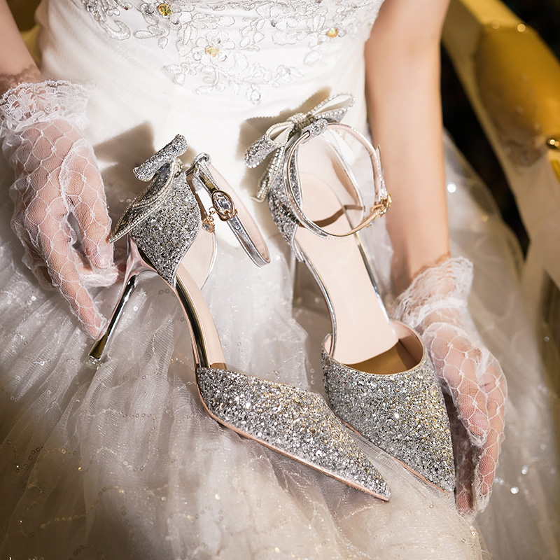 Cao gót trắng giày cao gót mũi nhọnGiày Cao Gót Đính Đá Pha Lê Và Nơ Phong Cách Thời Trang Xuân Thu Mới 2023 giày cao gót cô dâu dép cao gót 7 phân