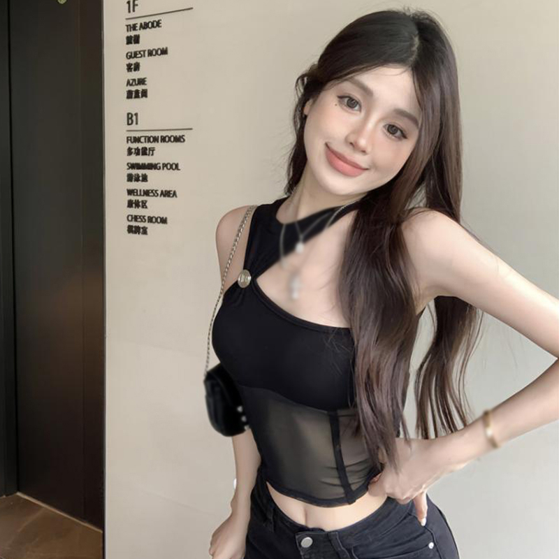 Áo Tank Top Sát Nách Phối Lưới Màu Sắc Trơn Phong Cách Hàn Quốc Cho Nữ