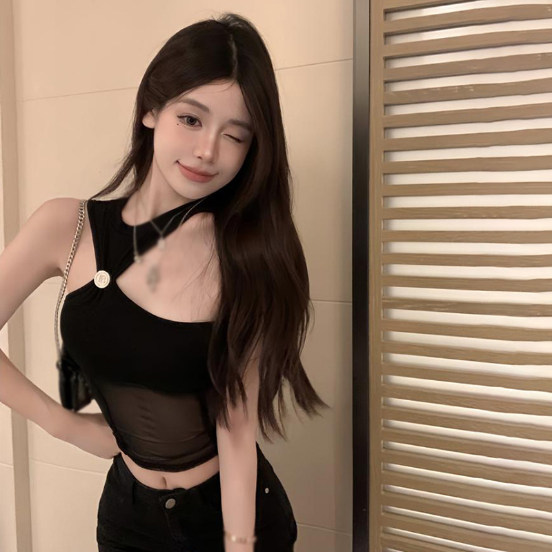 Áo Tank Top Sát Nách Phối Lưới Màu Sắc Trơn Phong Cách Hàn Quốc Cho Nữ