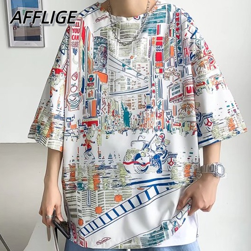 ✦AFFLIGA✦Áo Thun Tay Ngắn Cổ Tròn Dáng Rộng In Họa Tiết Phong Cách Hip hop Thời Trang Mùa Hè Cho Nam Và Nữ