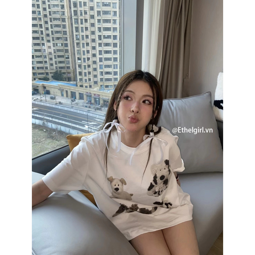 Ethelgirl Áo Thun Tay Ngắn Dáng Rộng In Họa Tiết Hoạt Hình Cỡ Lớn Phong Cách Hàn Quốc Thời Trang Cho Nam Và