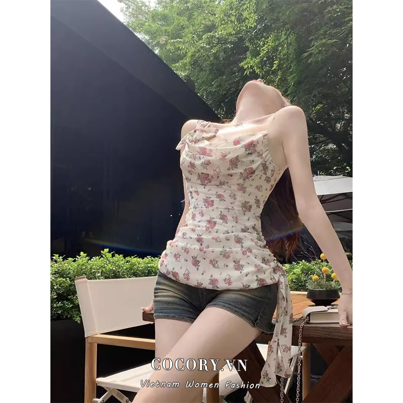 Cocory vn Áo Tank Top Hai Dây Dáng Ôm In Hoa Hồng Thời Trang Mùa Hè Quyến Rũ Cho Nữ