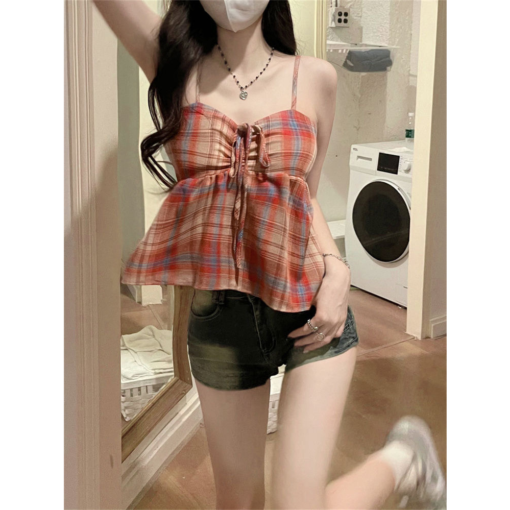 Áo Hai Dây Dáng Ngắn Họa Tiết Sọc Caro Phong Cách Hàn Quốc Cho Nữ