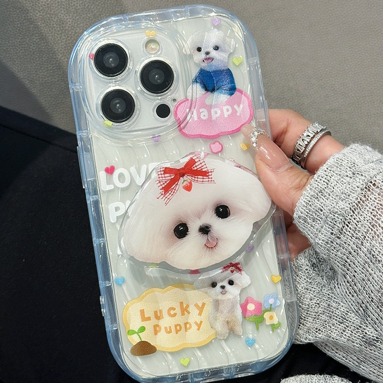 Ốp Điện Thoại Tpu Dẻo Trong Suốt Họa Tiết Chú Chó Trắng Dễ Thương Kèm Giá Đỡ Chống Rơi Cho iPhone 14 Plus 13 12 11 Pro Max