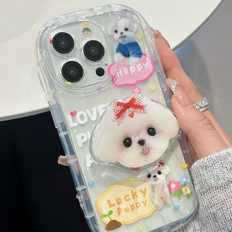 Ốp Điện Thoại Tpu Dẻo Trong Suốt Họa Tiết Chú Chó Trắng Dễ Thương Kèm Giá Đỡ Chống Rơi Cho iPhone 14 Plus 13 12 11 Pro Max