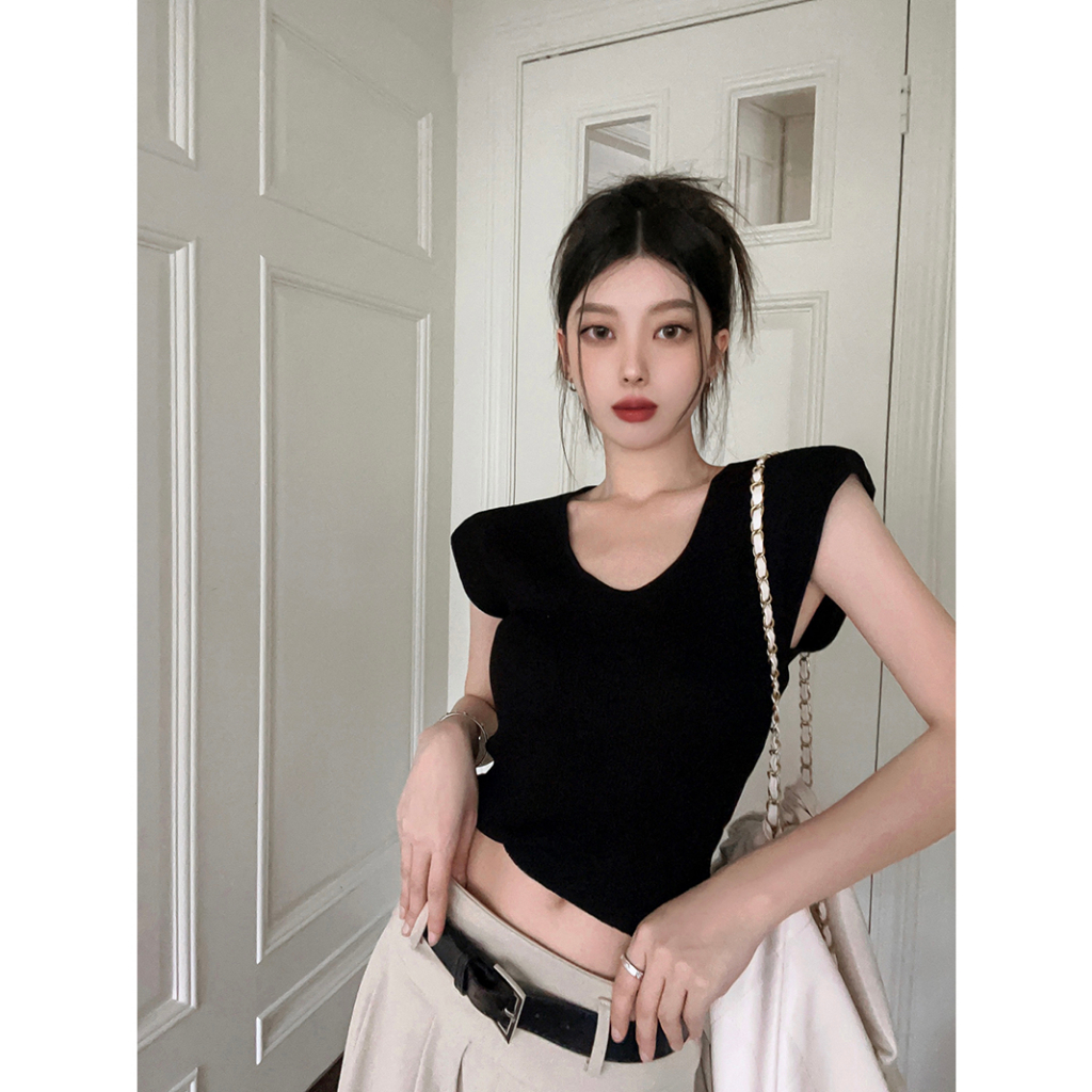 Lalisas Áo sweater Tay Ngắn Cổ Chữ U Ôm Dáng Chất Liệu Thoáng Khí Thời Trang Cho Nữ