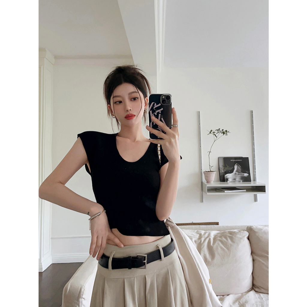 Lalisas Áo sweater Tay Ngắn Cổ Chữ U Ôm Dáng Chất Liệu Thoáng Khí Thời Trang Cho Nữ