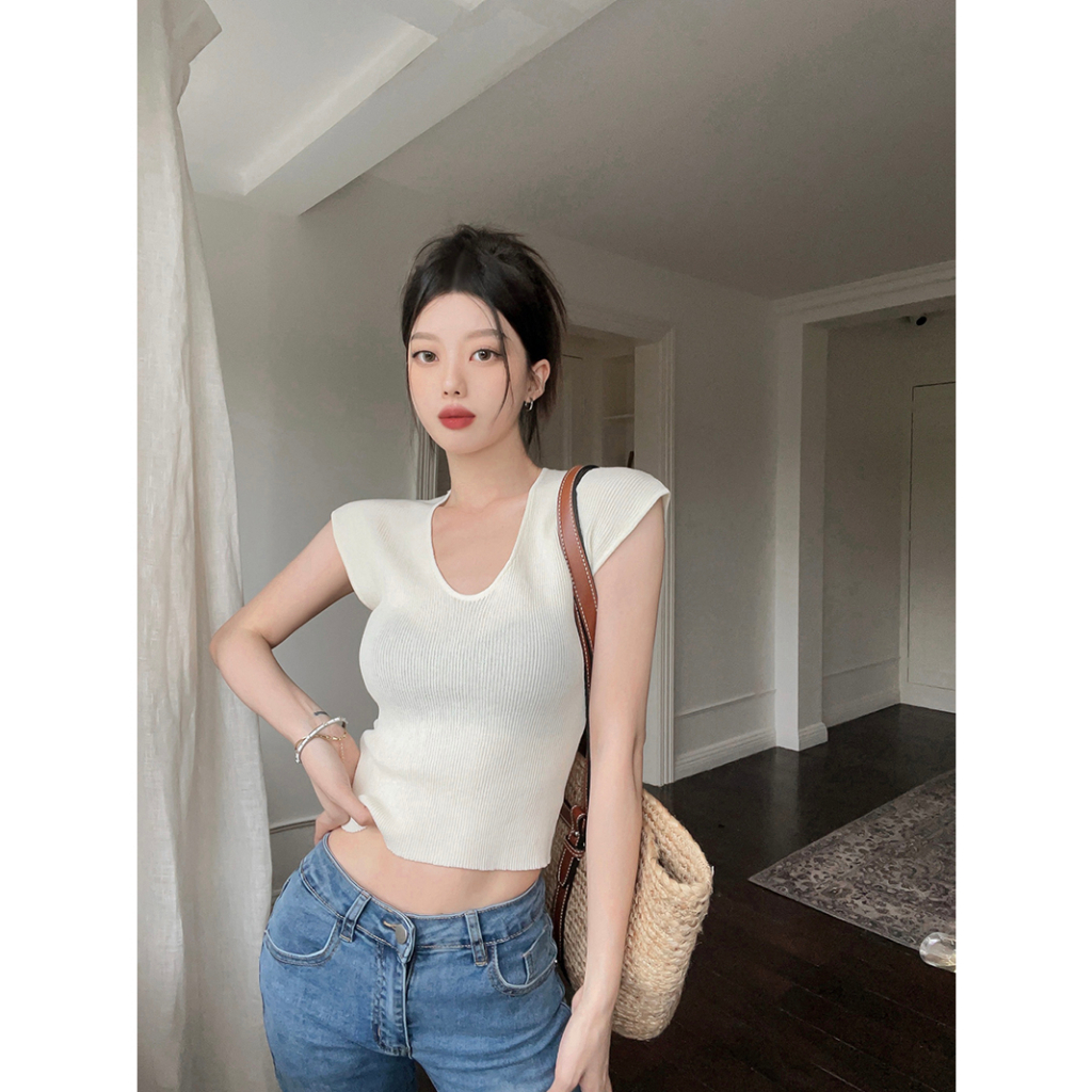 Lalisas Áo sweater Tay Ngắn Cổ Chữ U Ôm Dáng Chất Liệu Thoáng Khí Thời Trang Cho Nữ